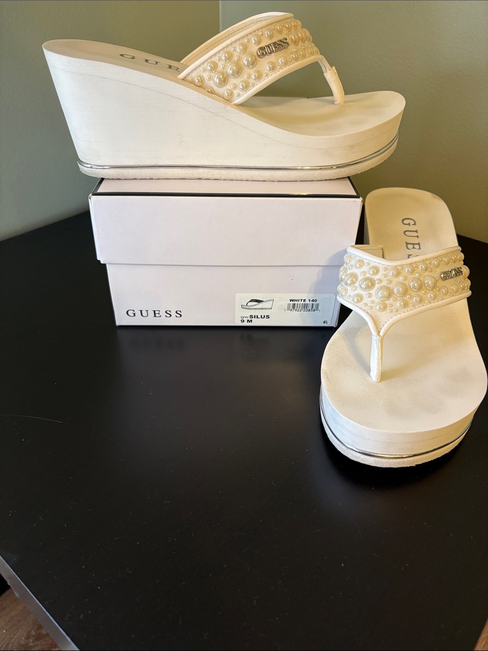 GUESS White Pearl-Embellished Platform Wedge Sandals